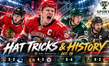 Brady Tkachuk, Patrick Kane, Matt Boldy and Mark Stone featured in a cinematic NHL October 15, 2026 results graphic highlighting four hat tricks and Kane's assists record.