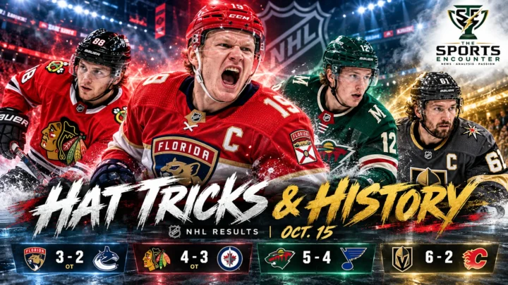 Brady Tkachuk, Patrick Kane, Matt Boldy and Mark Stone featured in a cinematic NHL October 15, 2026 results graphic highlighting four hat tricks and Kane's assists record.