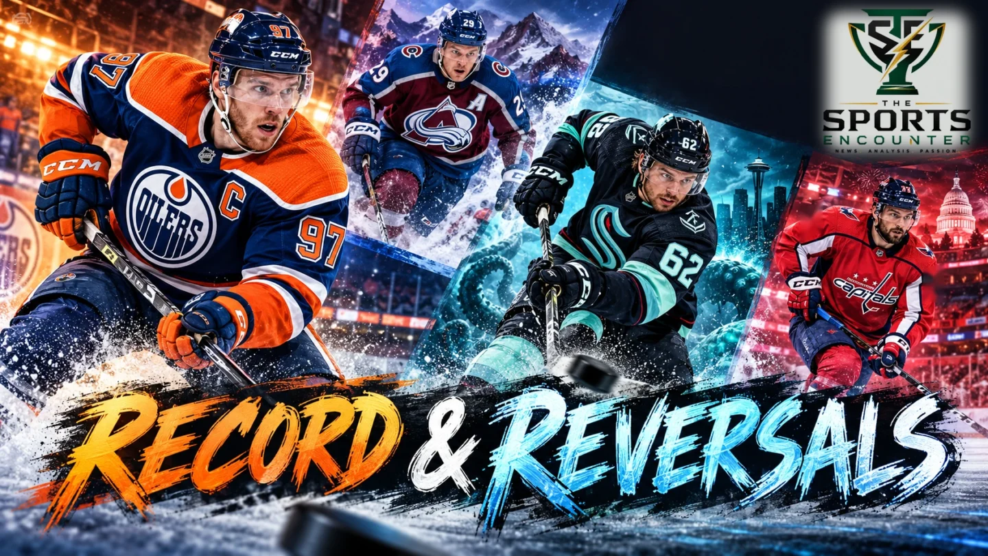 Cinematic NHL editorial illustration featuring Connor McDavid, Brandon Montour, Nathan MacKinnon and Alex Tuch representing the October 28, 2026 games, with The Sports Encounter's official logo.
