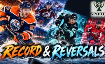 Cinematic NHL editorial illustration featuring Connor McDavid, Brandon Montour, Nathan MacKinnon and Alex Tuch representing the October 28, 2026 games, with The Sports Encounter's official logo.