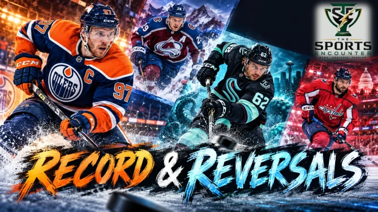 Cinematic NHL editorial illustration featuring Connor McDavid, Brandon Montour, Nathan MacKinnon and Alex Tuch representing the October 28, 2026 games, with The Sports Encounter's official logo.