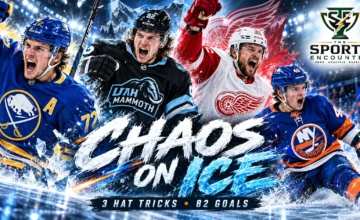 Cinematic NHL illustration featuring Tage Thompson of Buffalo, Logan Cooley of Utah, Viktor Arvidsson of Detroit and Matthew Schaefer of the New York Islanders, representing October 29, 2026, with The Sports Encounter's official logo.