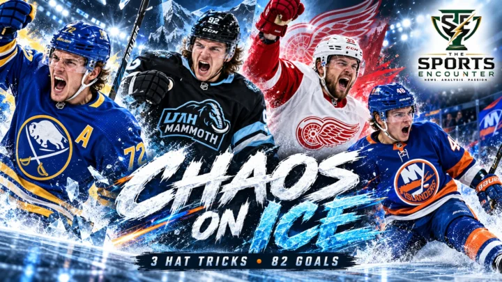 Cinematic NHL illustration featuring Tage Thompson of Buffalo, Logan Cooley of Utah, Viktor Arvidsson of Detroit and Matthew Schaefer of the New York Islanders, representing October 29, 2026, with The Sports Encounter's official logo.