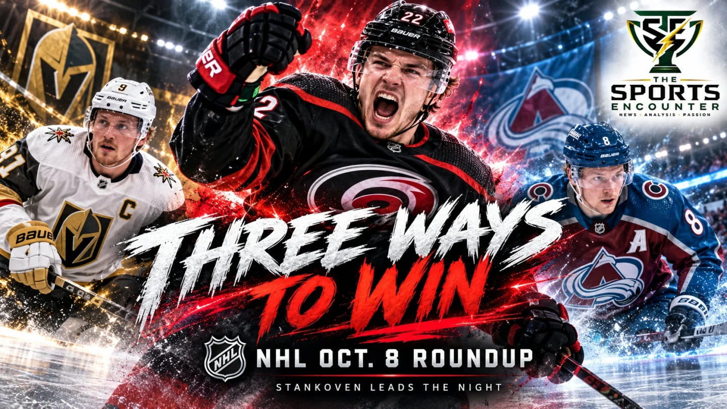 Logan Stankoven, Jack Eichel and Cale Makar featured in a graphic covering the NHL games of October 8, 2026.