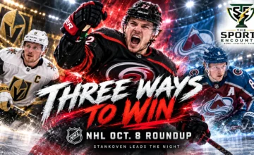 Logan Stankoven, Jack Eichel and Cale Makar featured in a graphic covering the NHL games of October 8, 2026.