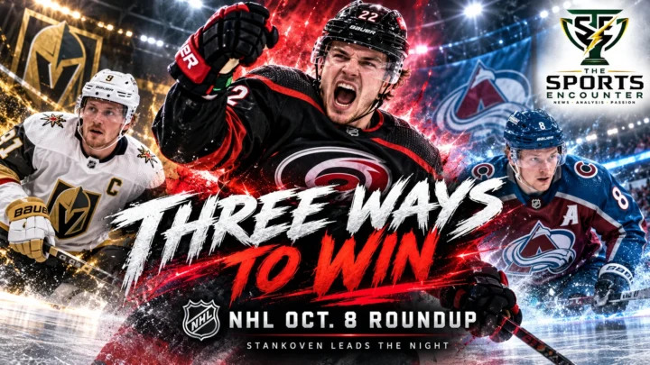 Logan Stankoven, Jack Eichel and Cale Makar featured in a graphic covering the NHL games of October 8, 2026.