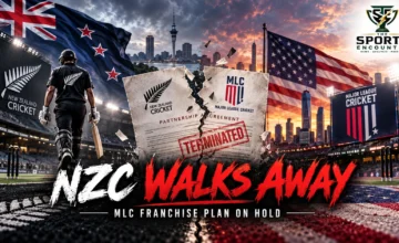 Cinematic cricket illustration showing New Zealand's cricket identity and Major League Cricket's American expansion plans diverging, with a stadium backdrop, New Zealand and United States flags, and The Sports Encounter's official logo.