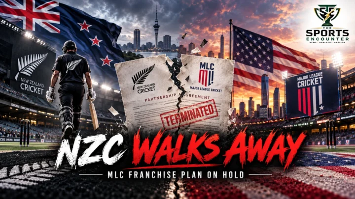 Cinematic cricket illustration showing New Zealand's cricket identity and Major League Cricket's American expansion plans diverging, with a stadium backdrop, New Zealand and United States flags, and The Sports Encounter's official logo.