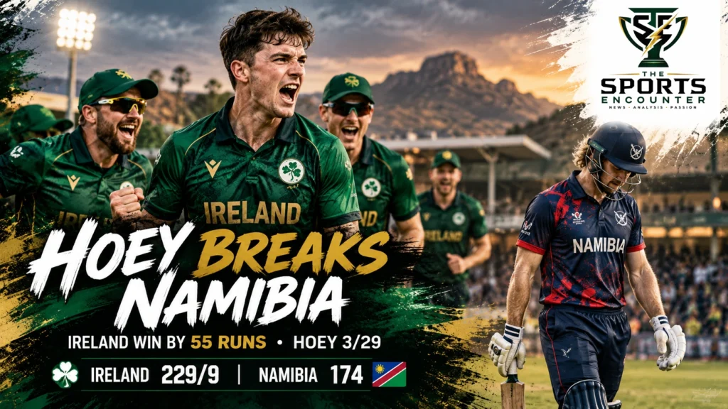 Ireland leg-spinner Gavin Hoey celebrating a wicket during the first ODI against Namibia at the High Performance Oval in Windhoek on October 22, 2026.