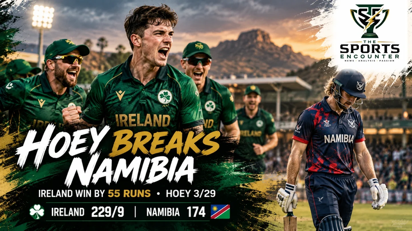 Ireland leg-spinner Gavin Hoey celebrating a wicket during the first ODI against Namibia at the High Performance Oval in Windhoek on October 22, 2026.