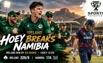 Ireland leg-spinner Gavin Hoey celebrating a wicket during the first ODI against Namibia at the High Performance Oval in Windhoek on October 22, 2026.