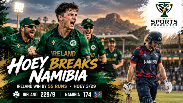 Ireland leg-spinner Gavin Hoey celebrating a wicket during the first ODI against Namibia at the High Performance Oval in Windhoek on October 22, 2026.