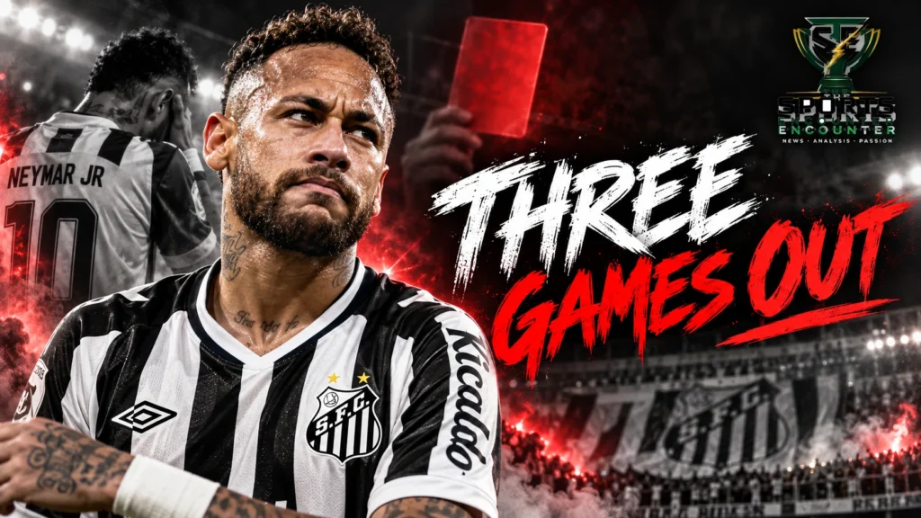 Proposed cinematic illustration of Neymar in Santos' black-and-white jersey facing a disciplinary hearing theme, with the punchline "THREE GAMES OUT" and The Sports Encounter logo.