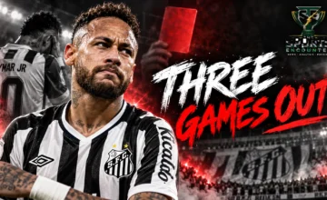 Proposed cinematic illustration of Neymar in Santos' black-and-white jersey facing a disciplinary hearing theme, with the punchline "THREE GAMES OUT" and The Sports Encounter logo.