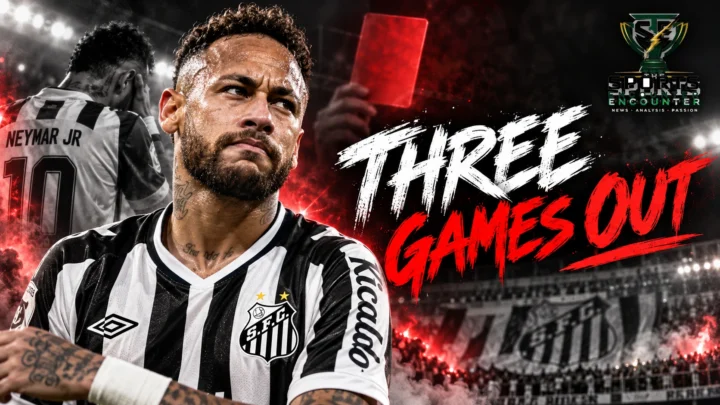 Proposed cinematic illustration of Neymar in Santos' black-and-white jersey facing a disciplinary hearing theme, with the punchline "THREE GAMES OUT" and The Sports Encounter logo.
