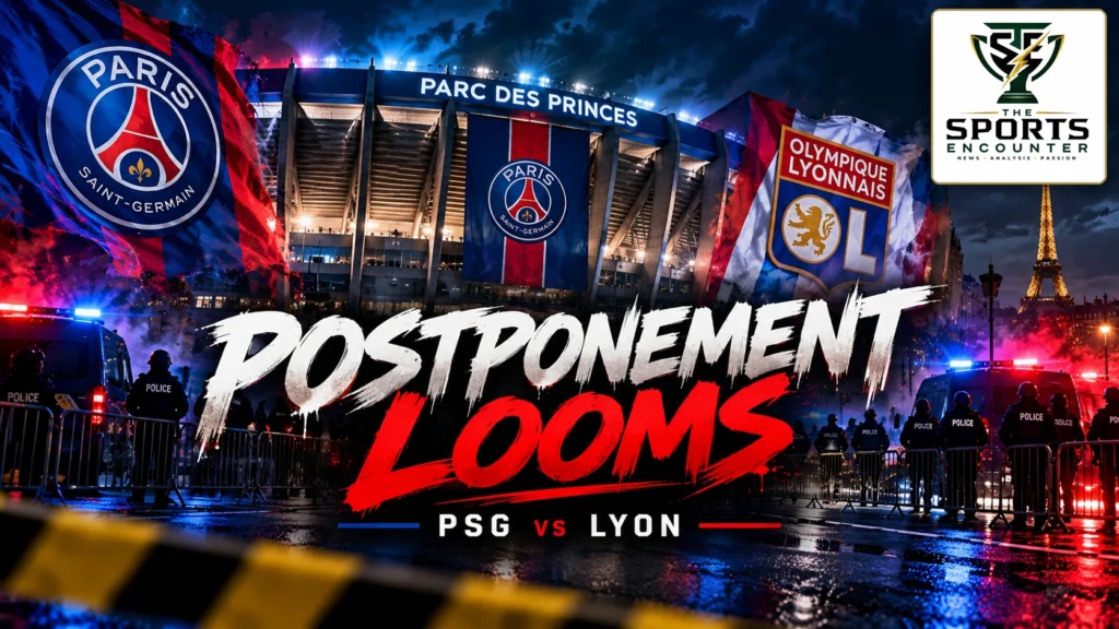 Cinematic editorial illustration of the Parc des Princes in Paris with Paris Saint-Germain and Olympique Lyonnais identities, security personnel and a postponement warning amid unrest in France.