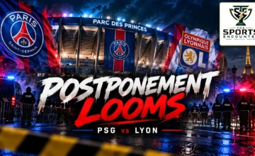 Cinematic editorial illustration of the Parc des Princes in Paris with Paris Saint-Germain and Olympique Lyonnais identities, security personnel and a postponement warning amid unrest in France.