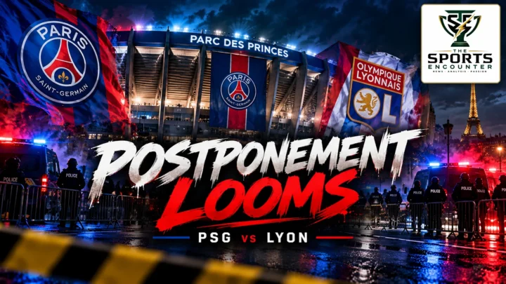 Cinematic editorial illustration of the Parc des Princes in Paris with Paris Saint-Germain and Olympique Lyonnais identities, security personnel and a postponement warning amid unrest in France.