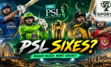 Cinematic illustration promoting the proposed PSL Sixes tournament, featuring cricket action, franchise-inspired uniforms, Pakistani landmarks and The Sports Encounter's official logo.