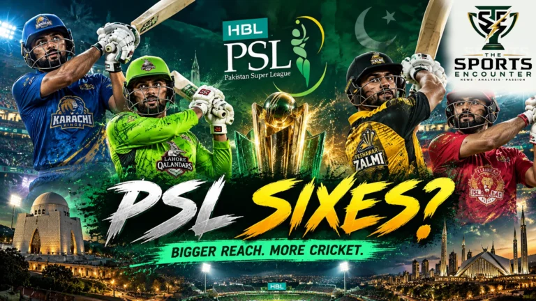 Cinematic illustration promoting the proposed PSL Sixes tournament, featuring cricket action, franchise-inspired uniforms, Pakistani landmarks and The Sports Encounter's official logo.
