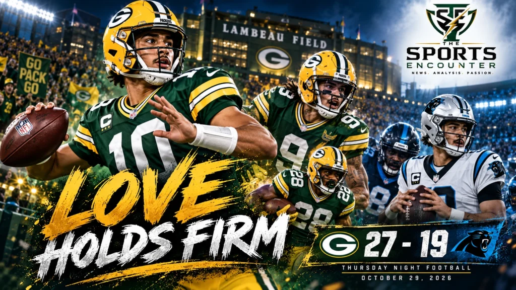 Cinematic NFL illustration of Jordan Love leading the Green Bay Packers against the Carolina Panthers at Lambeau Field on October 29, 2026, with Christian Watson and Josh Jacobs and The Sports Encounter's official logo.