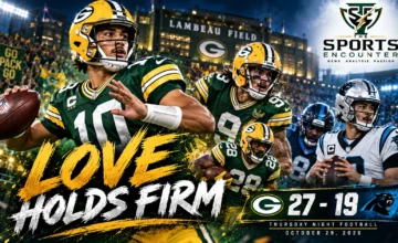 Cinematic NFL illustration of Jordan Love leading the Green Bay Packers against the Carolina Panthers at Lambeau Field on October 29, 2026, with Christian Watson and Josh Jacobs and The Sports Encounter's official logo.