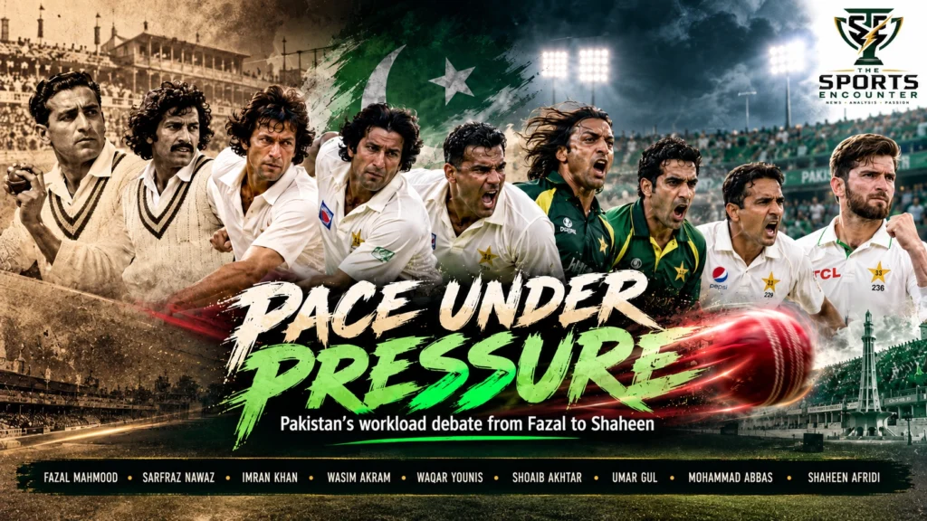 Cinematic illustration of nine generations of Pakistan fast bowlers, from Fazal Mahmood and Imran Khan to Wasim Akram, Waqar Younis, Shoaib Akhtar and Shaheen Afridi, highlighting the evolution of Test cricket bowling workloads, with The Sports Encounter’s official logo.