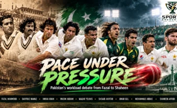 Cinematic illustration of nine generations of Pakistan fast bowlers, from Fazal Mahmood and Imran Khan to Wasim Akram, Waqar Younis, Shoaib Akhtar and Shaheen Afridi, highlighting the evolution of Test cricket bowling workloads, with The Sports Encounter’s official logo.