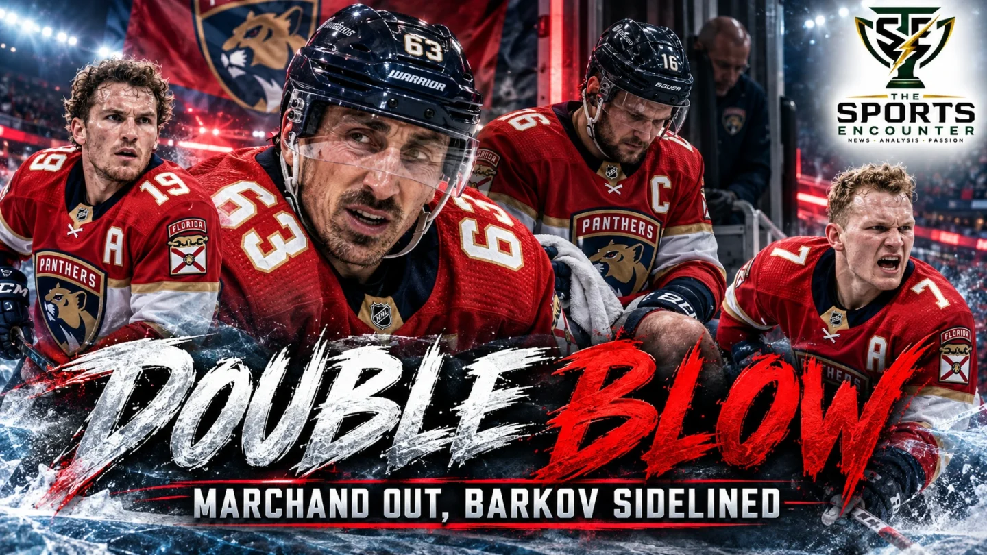 Brad Marchand in his Florida Panthers uniform, with injured captain Aleksander Barkov and teammates Matthew and Brady Tkachuk, illustrating Florida's October 2026 injury crisis.