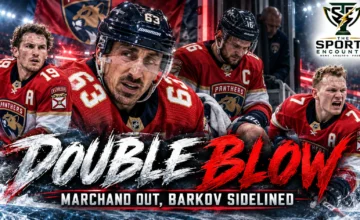 Brad Marchand in his Florida Panthers uniform, with injured captain Aleksander Barkov and teammates Matthew and Brady Tkachuk, illustrating Florida's October 2026 injury crisis.
