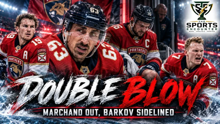 Brad Marchand in his Florida Panthers uniform, with injured captain Aleksander Barkov and teammates Matthew and Brady Tkachuk, illustrating Florida's October 2026 injury crisis.