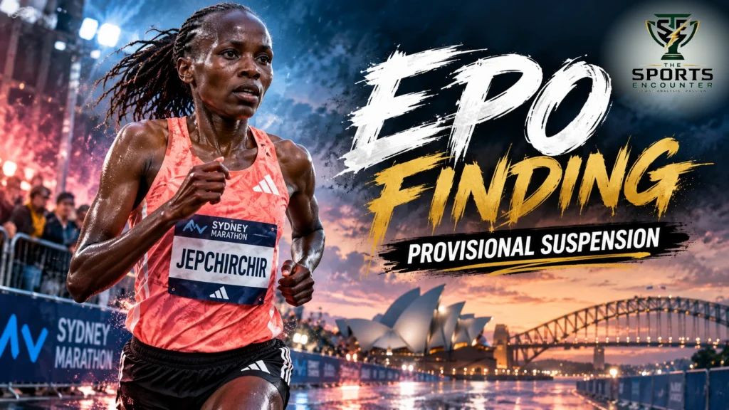 Proposed editorial illustration of Kenyan marathon champion Peres Jepchirchir with a Sydney Marathon backdrop and Athletics Integrity Unit suspension headline, featuring The Sports Encounter's official logo.