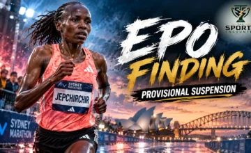 Proposed editorial illustration of Kenyan marathon champion Peres Jepchirchir with a Sydney Marathon backdrop and Athletics Integrity Unit suspension headline, featuring The Sports Encounter's official logo.