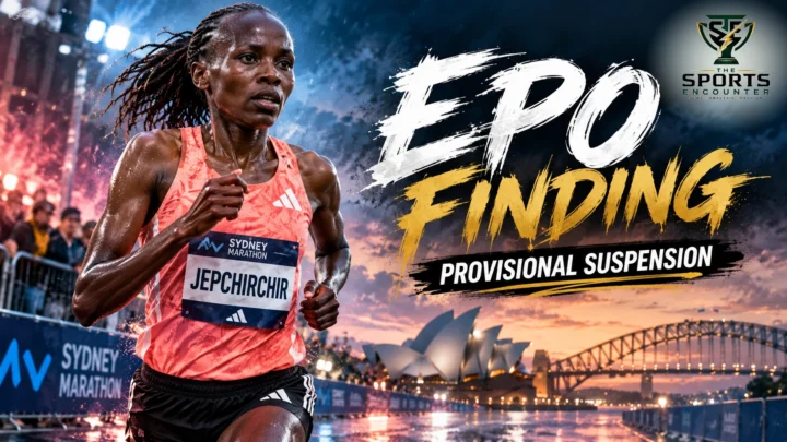 Proposed editorial illustration of Kenyan marathon champion Peres Jepchirchir with a Sydney Marathon backdrop and Athletics Integrity Unit suspension headline, featuring The Sports Encounter's official logo.