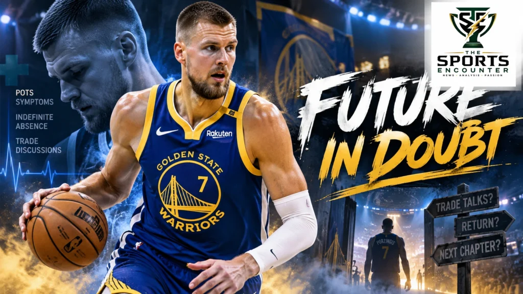 Golden State Warriors center Kristaps Porziņģis in his Warriors basketball uniform, featured in a cinematic editorial graphic about his uncertain NBA future, reported recurring POTS symptoms and possible trade discussions, with The Sports Encounter's official logo.