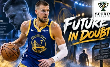 Golden State Warriors center Kristaps Porziņģis in his Warriors basketball uniform, featured in a cinematic editorial graphic about his uncertain NBA future, reported recurring POTS symptoms and possible trade discussions, with The Sports Encounter's official logo.