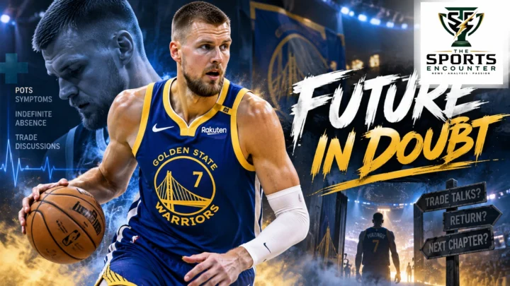 Golden State Warriors center Kristaps Porziņģis in his Warriors basketball uniform, featured in a cinematic editorial graphic about his uncertain NBA future, reported recurring POTS symptoms and possible trade discussions, with The Sports Encounter's official logo.