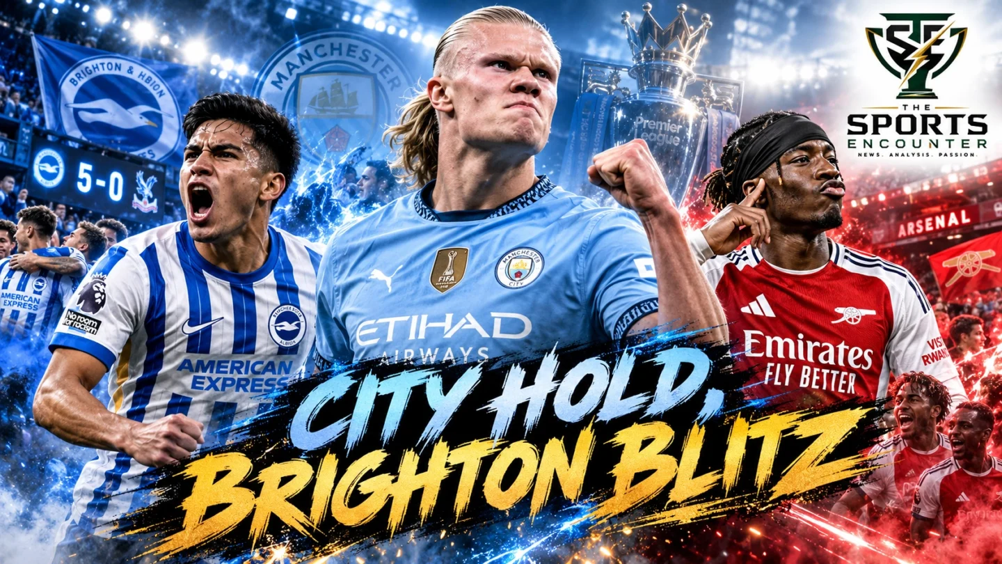 Diego Gómez celebrates Brighton's 5-0 win over Crystal Palace, alongside Erling Haaland and Arsenal's Noni Madueke representing the decisive stories of Premier League Matchweek 7 in October 2026.