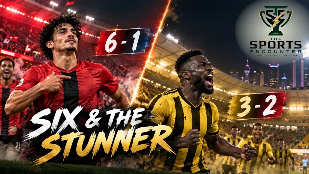 Proposed cinematic split-scene illustration showing Al Rayyan's Ahmed Alaaeldin celebrating against Al Sailiya and Qatar SC's Yohan Boli scoring against Al Shamal, with The Sports Encounter's official logo.