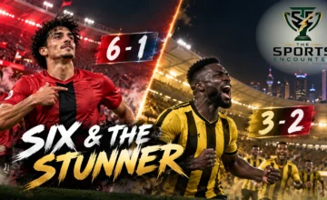 Proposed cinematic split-scene illustration showing Al Rayyan's Ahmed Alaaeldin celebrating against Al Sailiya and Qatar SC's Yohan Boli scoring against Al Shamal, with The Sports Encounter's official logo.