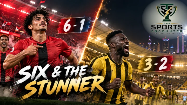 Proposed cinematic split-scene illustration showing Al Rayyan's Ahmed Alaaeldin celebrating against Al Sailiya and Qatar SC's Yohan Boli scoring against Al Shamal, with The Sports Encounter's official logo.