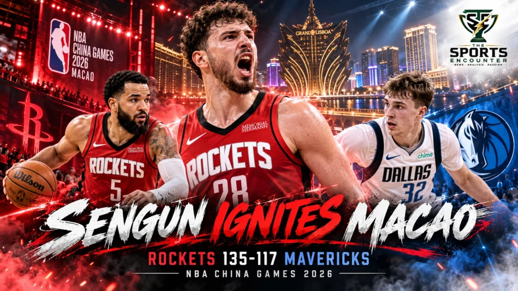 Alperen Sengun celebrating Houston Rockets' 135-117 NBA China Games victory over Dallas Mavericks in Macao, featuring Fred VanVleet and Cooper Flagg.