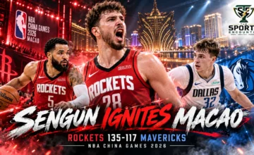 Alperen Sengun celebrating Houston Rockets' 135-117 NBA China Games victory over Dallas Mavericks in Macao, featuring Fred VanVleet and Cooper Flagg.