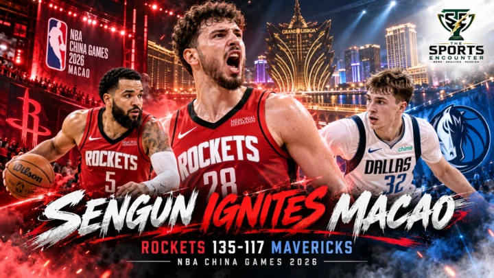 Alperen Sengun celebrating Houston Rockets' 135-117 NBA China Games victory over Dallas Mavericks in Macao, featuring Fred VanVleet and Cooper Flagg.