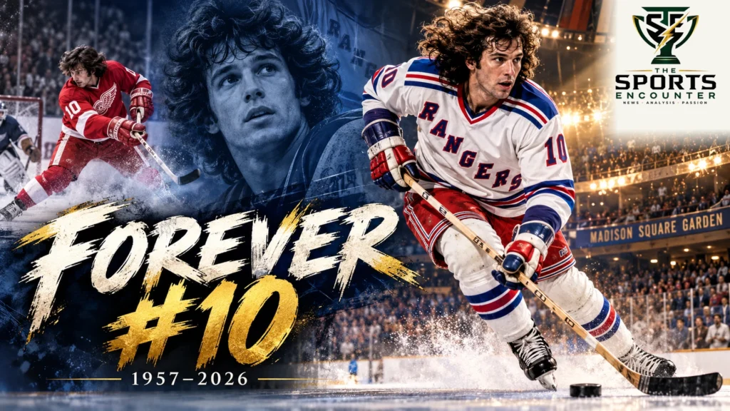 Cinematic tribute to Ron Duguay featuring the former New York Rangers star wearing No. 10, with scenes from his Detroit Red Wings career, commemorative 1957–2026 dates, and The Sports Encounter's official logo.