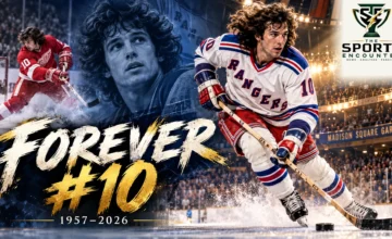 Cinematic tribute to Ron Duguay featuring the former New York Rangers star wearing No. 10, with scenes from his Detroit Red Wings career, commemorative 1957–2026 dates, and The Sports Encounter's official logo.