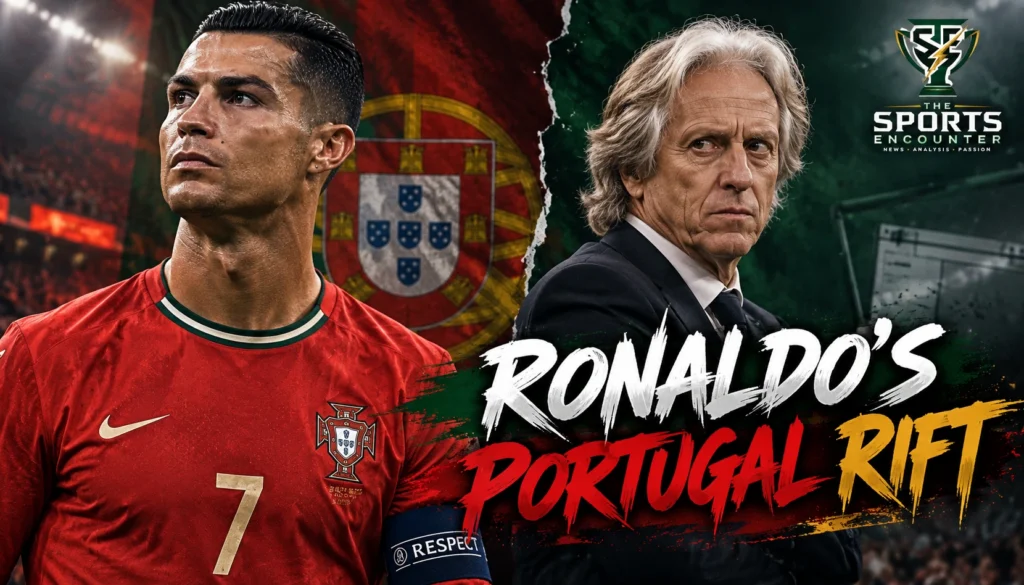 Cristiano Ronaldo in Portugal's red No. 7 jersey alongside national team coach Jorge Jesus, illustrating their dispute following Ronaldo's unauthorized departure from Portugal's training camp and subsequent 30-day suspension in October 2026.