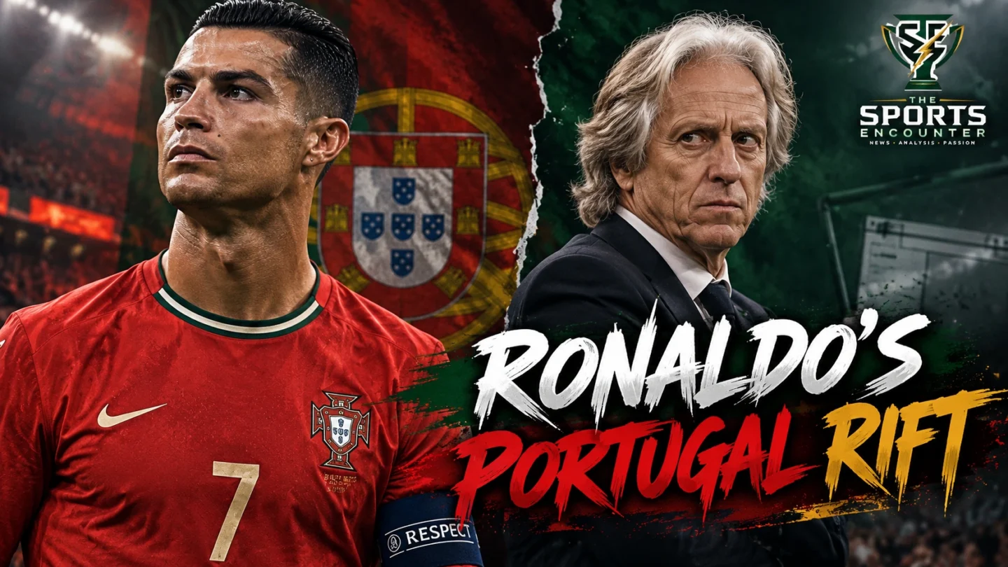 Cristiano Ronaldo in Portugal's red No. 7 jersey alongside national team coach Jorge Jesus, illustrating their dispute following Ronaldo's unauthorized departure from Portugal's training camp and subsequent 30-day suspension in October 2026.