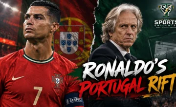 Cristiano Ronaldo in Portugal's red No. 7 jersey alongside national team coach Jorge Jesus, illustrating their dispute following Ronaldo's unauthorized departure from Portugal's training camp and subsequent 30-day suspension in October 2026.