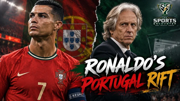 Cristiano Ronaldo in Portugal's red No. 7 jersey alongside national team coach Jorge Jesus, illustrating their dispute following Ronaldo's unauthorized departure from Portugal's training camp and subsequent 30-day suspension in October 2026.